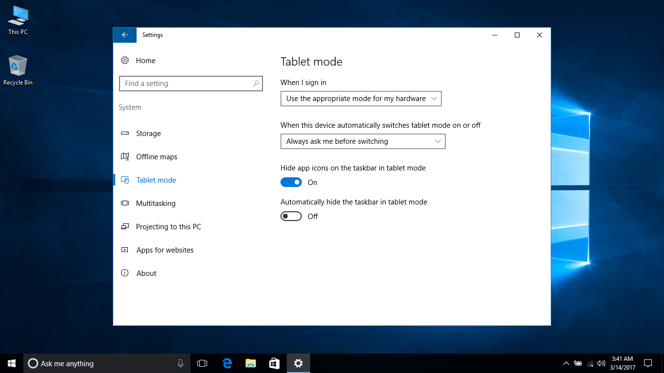 tablet mode windows 10 disable