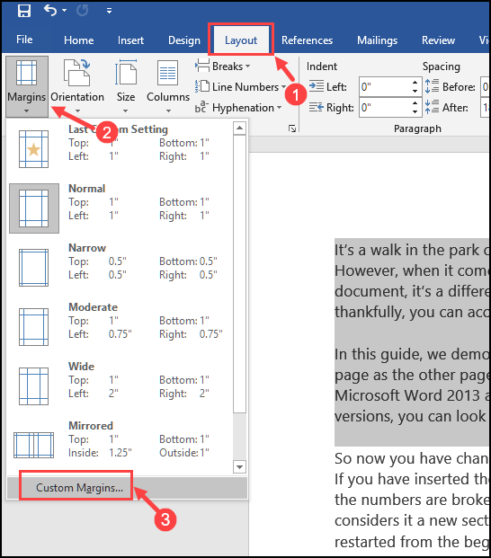 Custom Margins option word