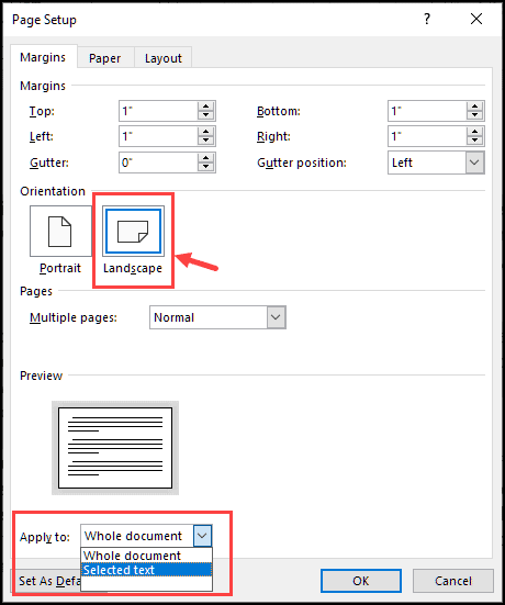 page setup window