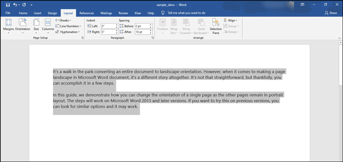 selected text converted to landscape