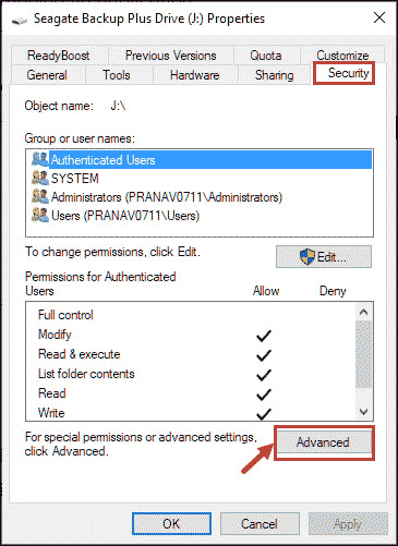 Security Advanced settings