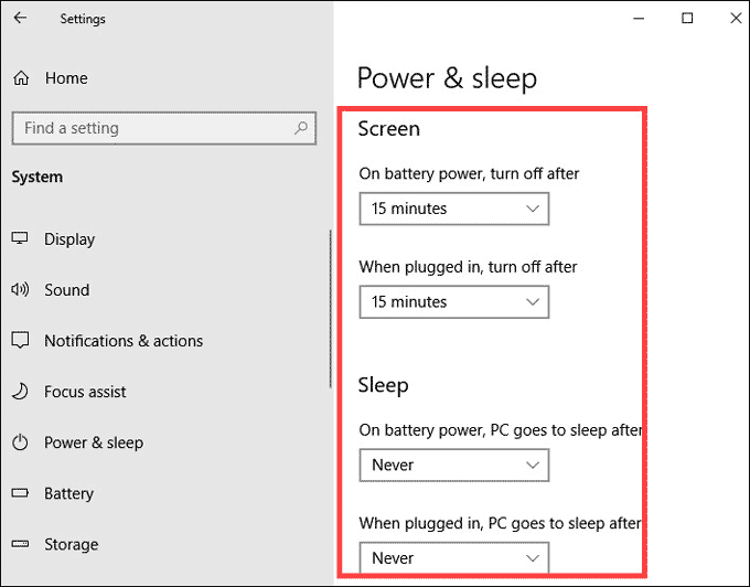 screen and sleep settings