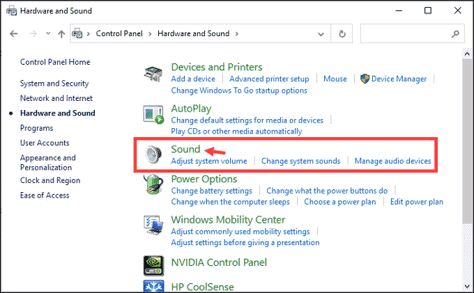 select sound settings
