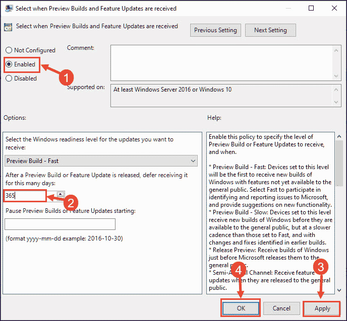 Postpone feature updates for 365 days