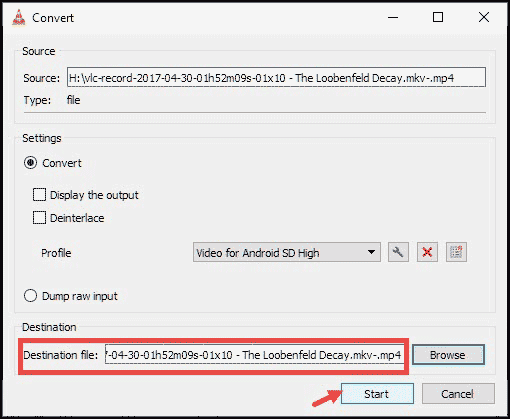 select destination and start conversion