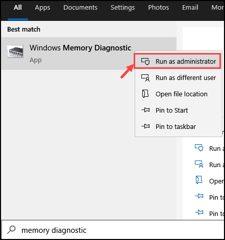 run memory diagnostic with administrative rights