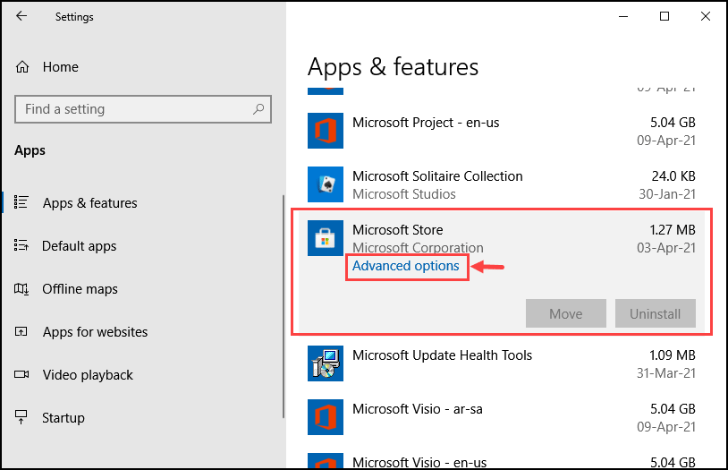 microsoft store apps advanced options