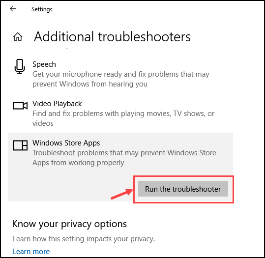 run the windows store troubleshooter