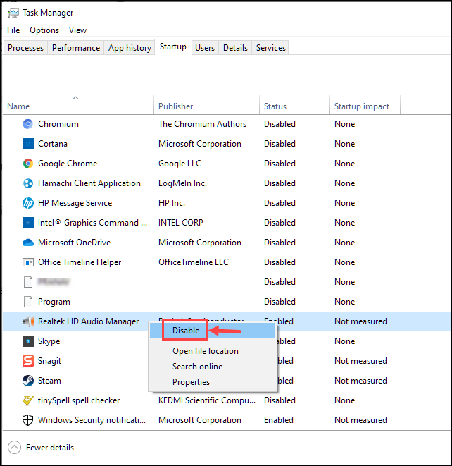 Disable the Realtek from Task Manager