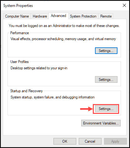 startup and recovery settings