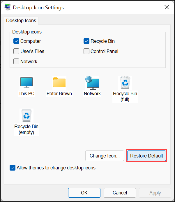 Restore Default icon settings
