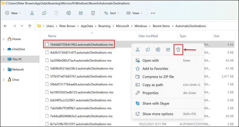 delete automatic destinations file