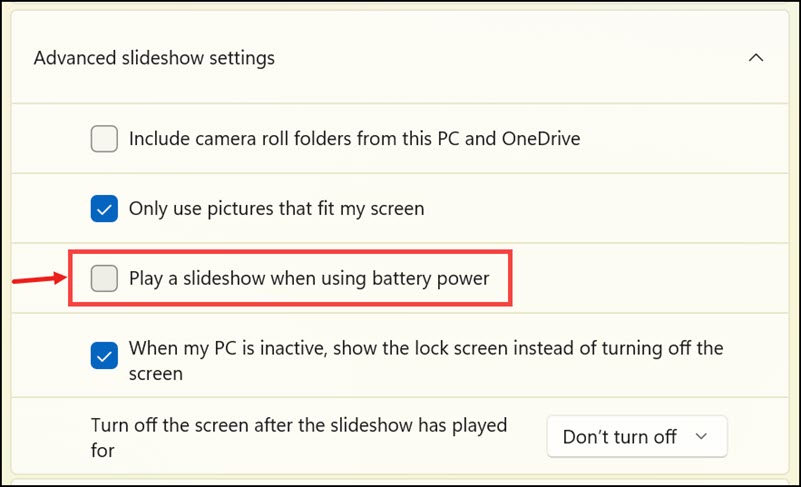 enable play a slideshow when using battery power