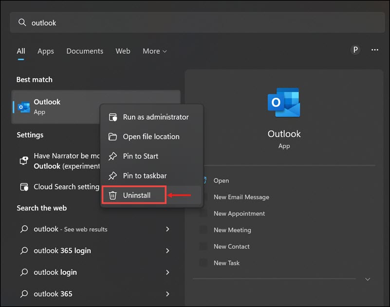 uninstall outlook