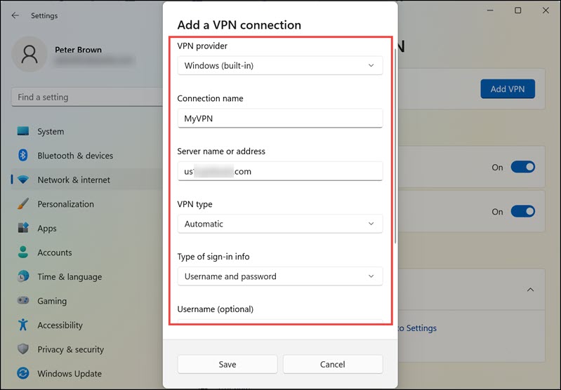 enter vpn log in details