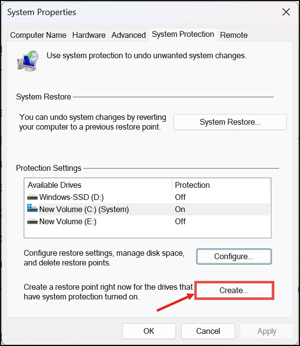 create system restore point