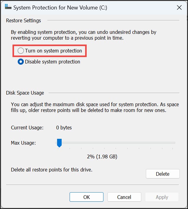 turn on system protection