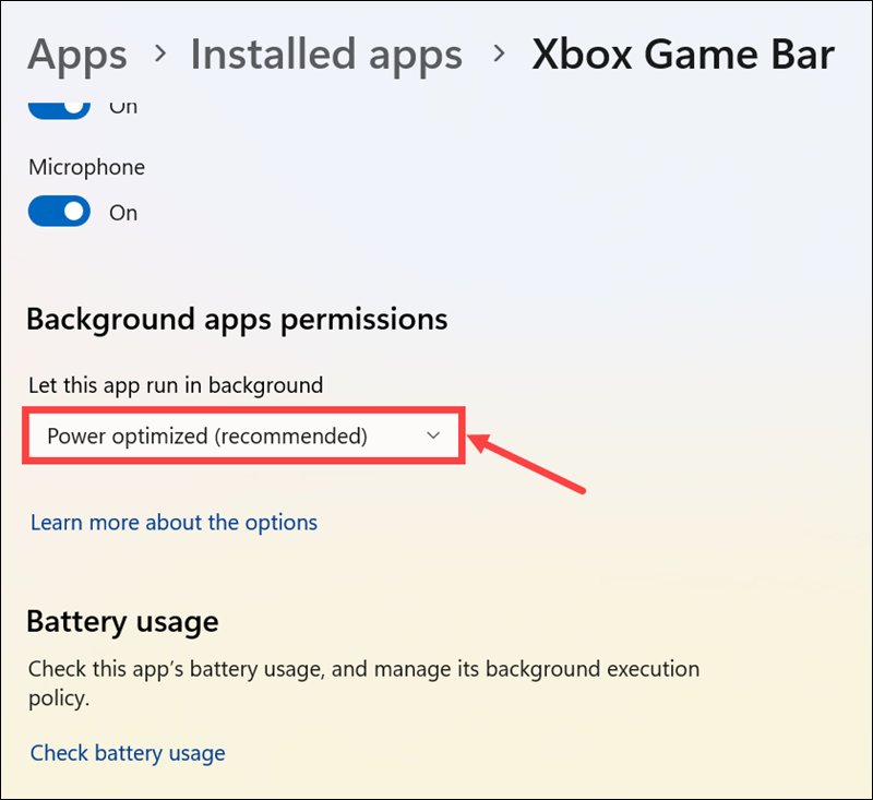 expand the background permission drop down menu